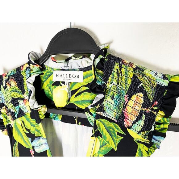 Hale Bob Women's Faux Wrap Ruched Smocked Shoulder Bodycon Mini Dress Tassle Tie - Picture 7 of 12